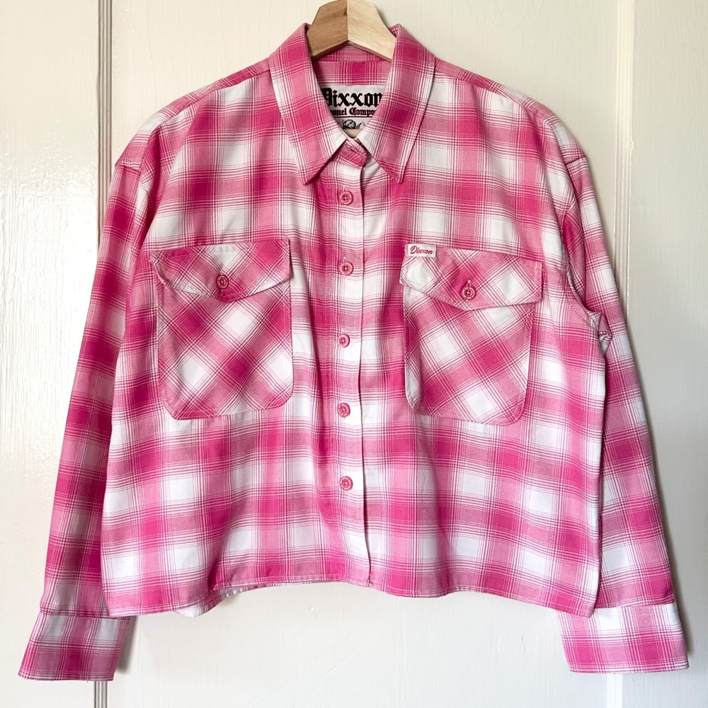 Dixxon The Valentine Women's Crop Flannel Long‎ Sleeve Flannel Shirt Pink L